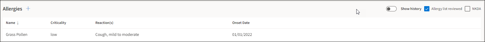 Allergy section with criticality new feature displaying.